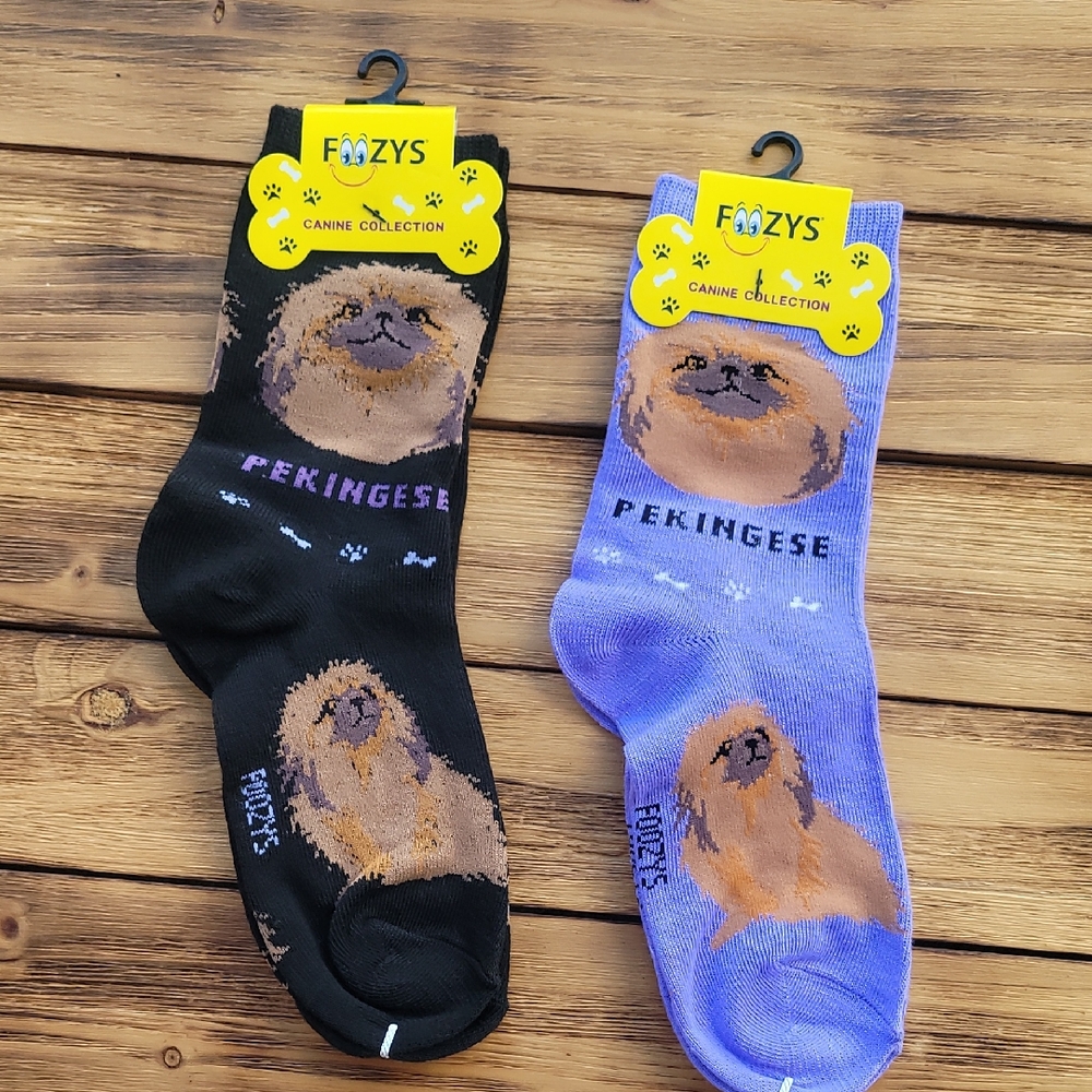 NWT Fozzys Pekingese Dog Socks Black And Lavender 2 Pair  - Unisex